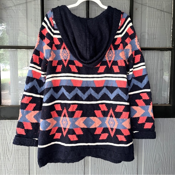 Lucky Brand cardigan sweater with hood, southwestern designs, navy and coral - Picture 4 of 11